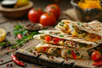 Mexican quesadilla with chicken, cheese, and peppers against a restuarant cinematic background, photography 