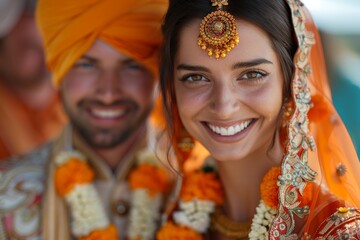 Obraz premium Cheerful indian woman and man in traditional clothes