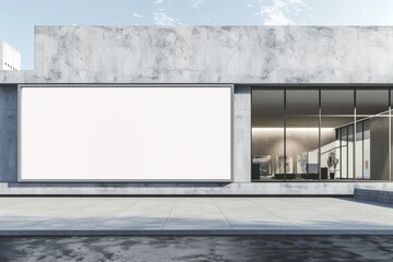 Modern art gallery exterior with spacious entrance and blank billboard