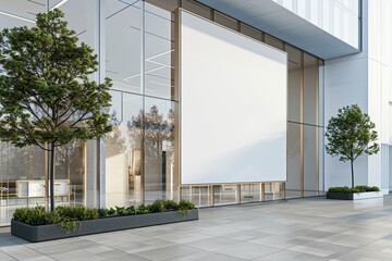 Modern art gallery exterior with large blank billboard and glass facade