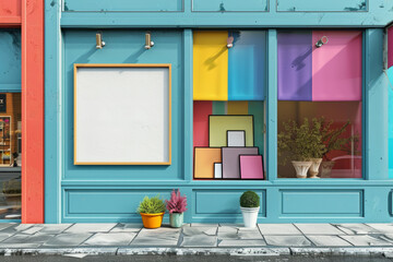 Colorful modern art supplies store exterior with vibrant frames and plants