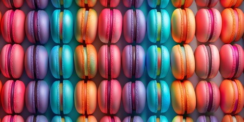 A brightly colored array of delicious macarons neatly arranged, highlighting the variety of flavors and vibrant hues