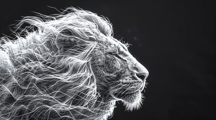 Monochrome digital art of a lion with intricate line design isolated on a black background. Wildlife and nature concept. Design for print, poster, and digital art