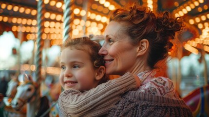 A mother and daughter stand next to each other on the carousel both wearing wide smiles as they watch the world go by around them. . .