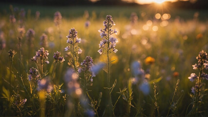 Summer landscape meadow of wildflowers at sunset or dawn, stock photo