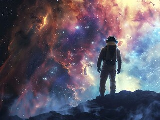 Lone Astronaut Gazes into Vast Cosmic Expanse Transfixed by Ethereal Nebula and Boundless Stars - obrazy, fototapety, plakaty