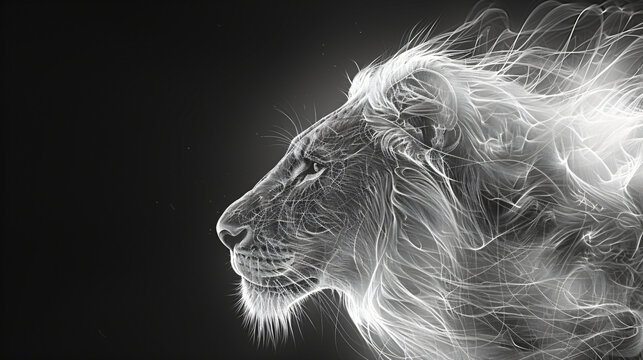 Monochrome profile of a digital art lion with dynamic line design on a black background. Wildlife elegance concept. Design for poster, digital art, and print