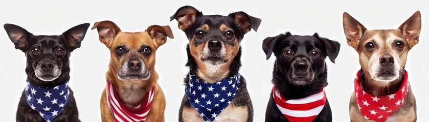 A row of five dogs wearing patriotic bandanas. - obrazy, fototapety, plakaty