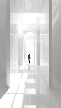 Lone Figure Navigating Minimalist Corridors of a Secret Government Organization