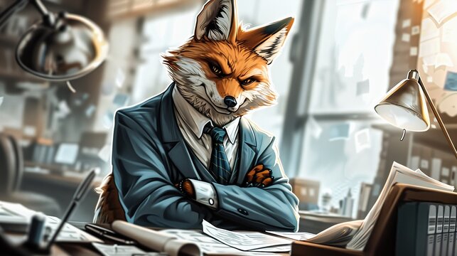 A red fox wearing a blue suit and tie is sitting at a desk in an office. He has his arms crossed and is looking at the camera with a sly expression on his face.