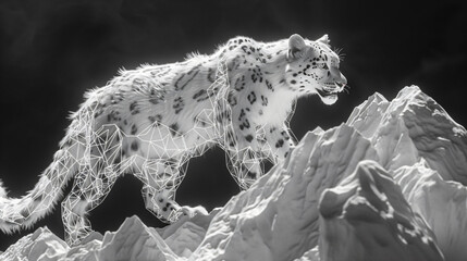 Digital wireframe snow leopard on rocky mountain terrain background. Endangered species and natural habitat concept. Design for poster, print, and conservation education