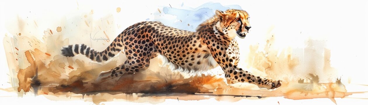 A watercolor painting of a cheetah running in the savanna.