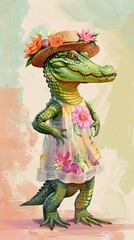 An anthropomorphic alligator wearing a straw hat and a pink dress with white flowers.