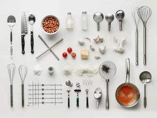 Fotobehang An assortment of kitchen utensils and ingredients arranged on a white surface. © ปรัชญา ตอพรม ตอพรม