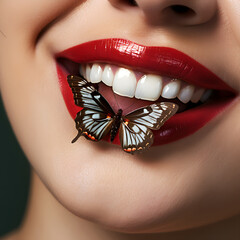 Beautiful girl enjoy every moment, a smile on her face. Butterfly on the lips. Abstract.