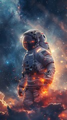 Fototapeta na wymiar An astronaut is standing on a planet with a beautiful nebula in the background.