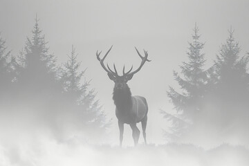 Misty monochrome elk silhouette with forest backdrop. Wildlife serenity concept. Design for print, poster, and tranquil art