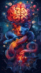 Brain and serpent intertwine in an artistic portrayal, symbolizing the complex dance of intelligence and guile in human nature,Flat design illustrations
