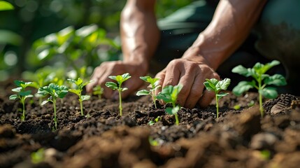 Gentle Hands Nurturing Seedlings, Nature's Rhythm Unfolds. Concept Gardening Tips, Plant Care, Sustainable Living, Outdoor Activities, Eco-Friendly Practices