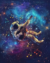 Fototapeta na wymiar Astronaut playing guitar in space with stars and colorful notes.