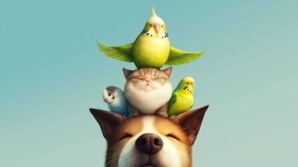 A delightful image capturing a towering stack of animal companionship: a parakeet, a guinea pig, and a cat perched atop a dog's head, symbolizing harmony and diversity,Surreal landscapes - obrazy, fototapety, plakaty