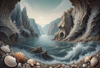 Serene beauty of seashells adorn a pebbled shore, flanked by towering, intricate cliffs and dynamic waves, creating a natural tranquility under a subdued sky, generated with AI.
