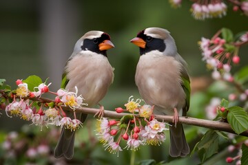 Two beautiful birds perched on flowering tree branch in forest