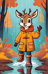 Anthropomorphic animals. A cute cartoon deer stands in a raincoat and rubber boots in a puddle in the autumn forest