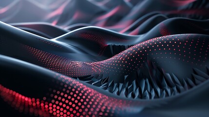 3D rendering of a dark, abstract landscape with red glowing particles.