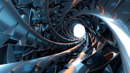 Abstract 3D rendering of a futuristic tunnel made of sharp metal triangles. The tunnel is illuminated by a bright light at the end. - Powered by Adobe