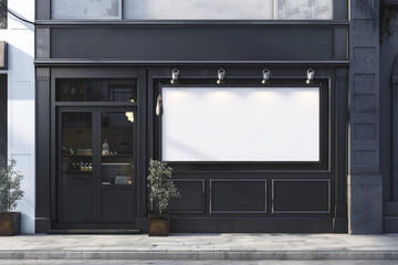 Modern cafe exterior with large blank advertisement board in urban setting