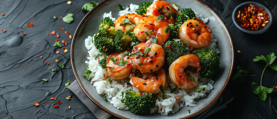 Photo of honey hijiki prawns and broccoli with rice in bowl, on plain black background, top view, close up, high angle shot - Powered by Adobe