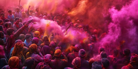 Crowd enjoying the traditional Holi festival with clouds of pink and purple powder filling the air, culture, joy - obrazy, fototapety, plakaty