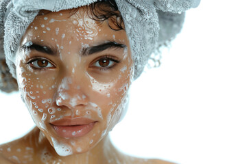 Hispanic woman cleansing face, beauty salon spa skincare body care