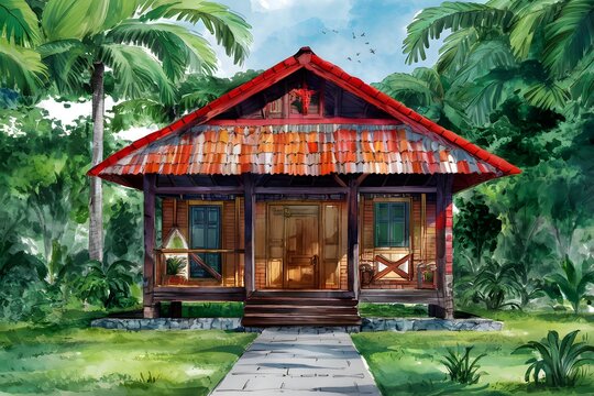 Watercolored traditional bahay kubo, vibrant and serene
