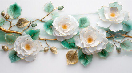 beautiful fresh a branch Camellia japonica s with River made from metal , gold white and fresh green