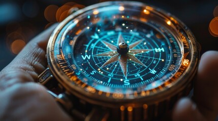 A conceptual image showcasing a hand holding a transparent navigational compass, symbolizing guidance, direction, and exploration,Abstract minimalism - obrazy, fototapety, plakaty