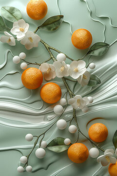 beautiful fresh a branch of oranges with River made from metal , pastel orange white and fresh green