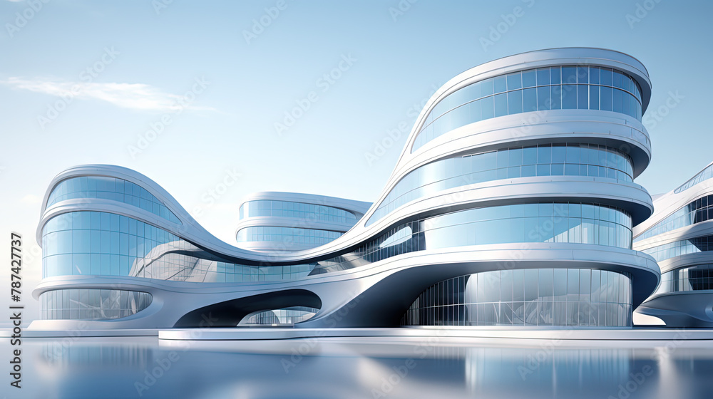 Poster Abstract architecture scene with smooth curves. Abstract background with futuristic building in white and blue colors.