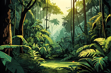 The jungle canopy is alive with the sounds of wildlife. 4k high-resolution vector art illustration image.
 - obrazy, fototapety, plakaty