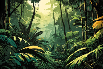 The jungle canopy is alive with the sounds of wildlife. 4k high-resolution vector art illustration image.
 - obrazy, fototapety, plakaty