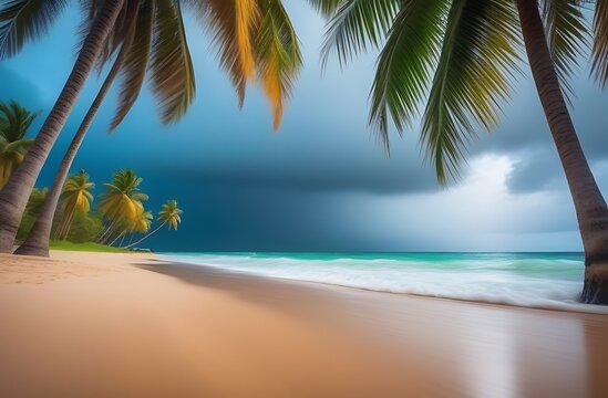 tropical rain on the beach, palm trees