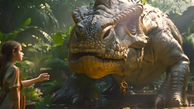person petting a giant dinosaur in the jungle,generative ai