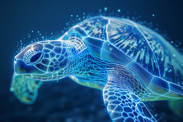 Wireframe sea turtle with glowing edges swimming in blue ocean water. Digital art concept for marine life and conservation. Ideal for screen background or educational material