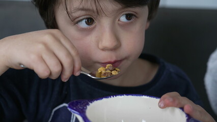 Small boy eating cereal with spoon inside bowl. Candid hungry child snacking wheat food for...