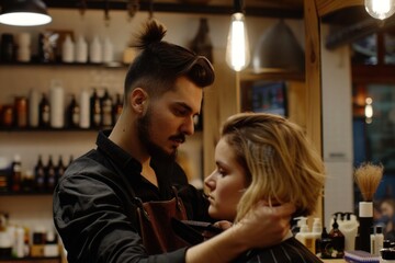 A contemporary female barber is styling a client's hair in a modern, warmly-lighted barbershop