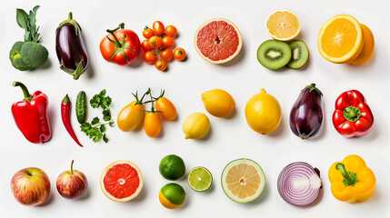 Set of fruits and vegetables on white background, top view. - 787428374