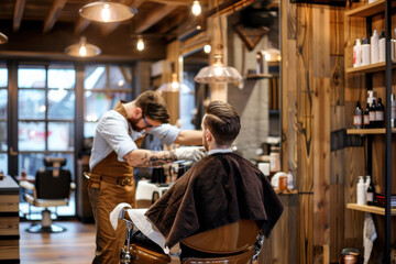 A professional barber provides a stylish haircut to a male client in a well-equipped, contemporary barbershop setting