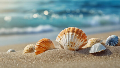 Close-up of beautiful sea shells on shore of the sandy beach. Blurred natural background.
