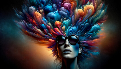 A woman with a colorful, wild hairstyle and sunglasses. The image is a work of art, with a sense of creativity and freedom - obrazy, fototapety, plakaty